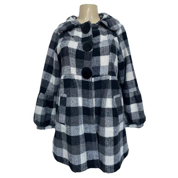Agnes B Pea Coat Plaid Black White Jacket Puff Sleeve Snap Slip Pockets … - Picture 1 of 7